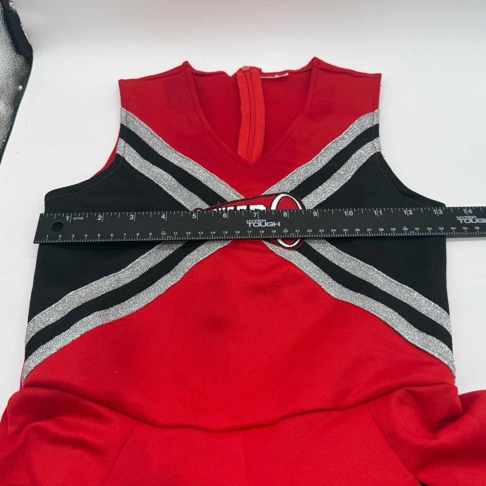 Spirit Halloween Cheerleader Costume Girls Medium 8-10 Red Black Dress Pom Poms - Picture 4 of 16
